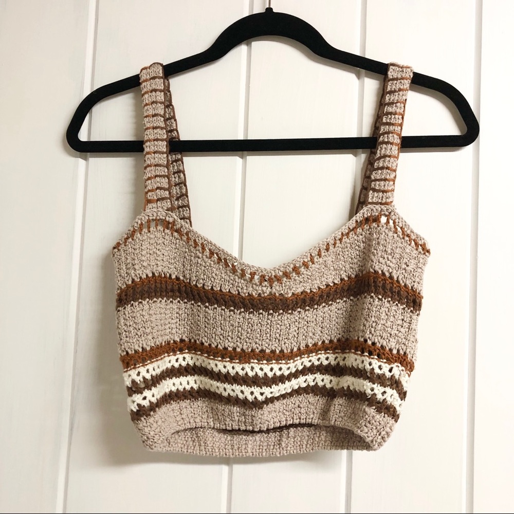 Zara Crocheted Knit Crop Top in Beige, Brown & Cream